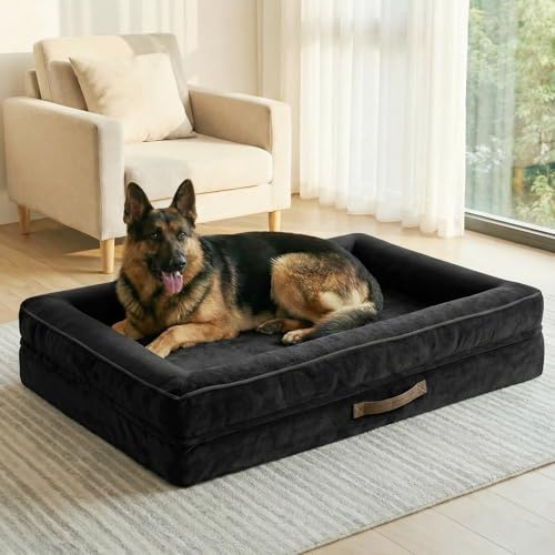 Renvix XXL Orthopedic Dog Bed, Waterproof Dog Sofa Bed with Removable Washable Cover, Soft Egg Foam Pet Bed, Non-Slip Bottom and Four-Sided Bolster Cushion（Black, 137x91x19cm）