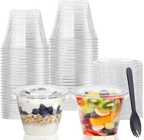 LATERN 50 Piezas Vasos de Postre de Plástico con Tapas, 270ml Redondas Tazas de Postre Taza de Aperitivo de Parfait Transparente Tazón para Servir Reutilizable con Tenedores para Pudín Mousse Fiestas