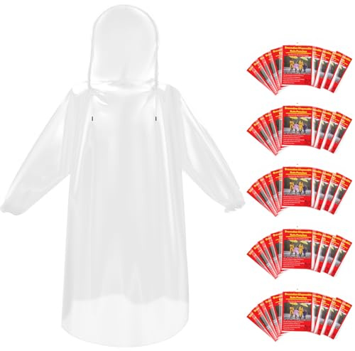 Bruvoalon 6, 20 & 50 Pack Disposable Rain Ponchos for Adults, Waterproof PE with Drawstring Hood and Elastic Cuffs