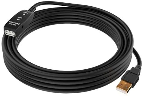 Mygatti USB 2.0 Aktiv Verlängerungskabel 10m,Typ A Stecker auf Buchse,Repeaterkabel,mit 1 Signalverstärker und doppelter LED-Arbeitsanzeige,Vernickelter Stecker,ABS-Gehäuse,DC-Schnittstelle