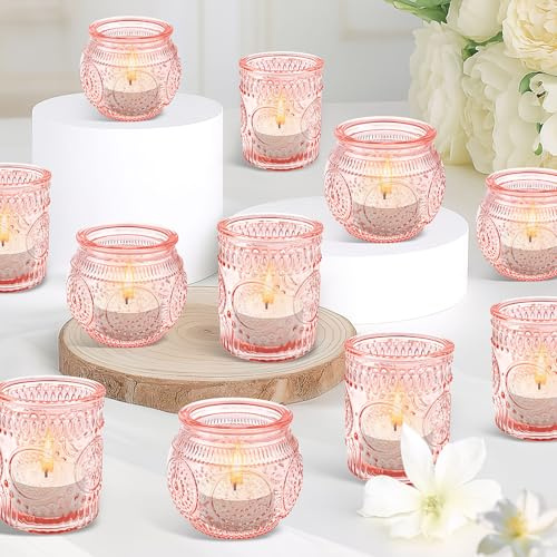 24 Pcs Glass Candle Holders For Wedding Table Decor | Vintage Sunflower Votive Holders for Wedding Tables, Parties and Home Decor (Pink)