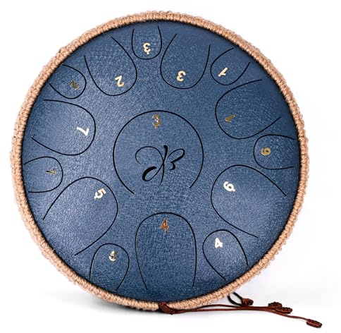 Steel Tongue Drum - 30,5 cm 15 Noten, Stahlzungentrommeln für Kinder und Erwachsene, Stahlhandpan mit Schlagzeugschlägeln, Hängetrommel mit Notenbuch und Tragetasche, Handpan C-Dur, Marineblau