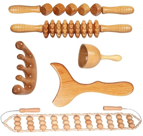 Yolispa Maderoterapiset, 6 stycken träterapi massageverktygsset, fascia rulle trä, cellulitroller lymfdränage massagerulls-kit för muskelavslappning, kroppsformning, gua sha-massage