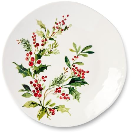 Holly and Vines Christmas Dinner Plates – Set of 4 Stoneware Holiday Plates with Artist-Designed Greenery & Berry Motifs, Elegant Christmas Tableware for Entertaining & Winter Dining