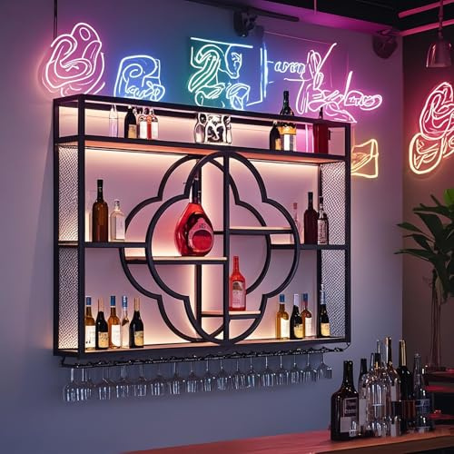 100CM Botellero Industrial Montado En La Pared, Estructura de madera rústica Metálico Estantes flotantes, Estante para Botellas De Vino Montado En La Pared, Adecuado para El Hogar, Bar (Negro)