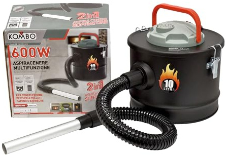KOMBO - Aschesauger und Gebläse 2 in 1 – 10 Liter Tank aus Edelstahl, 600 W – für Pelletöfen, Kamine, BBQ und kalte Asche – Kabel 1,5 m, Saugleistung 15 kPa