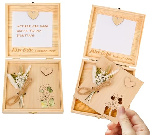 ALULU Geldgeschenkbox aus Holz für Hochzeit | mit Grußkarte & Trockenblumen (Weißgrün), ideales Hochzeitsgeschenk für Brautpaar
