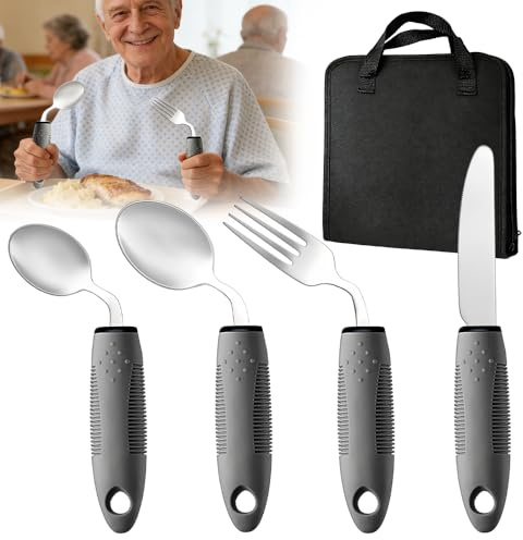 Juego de 4 Cubiertos Adaptativos para Parkinson Seniors Discapacitados, áNgulo de 42°, Cubiertos con Peso, Cuchara Curvada con Mango Antideslizante para Temblores de Manos (Diestros)