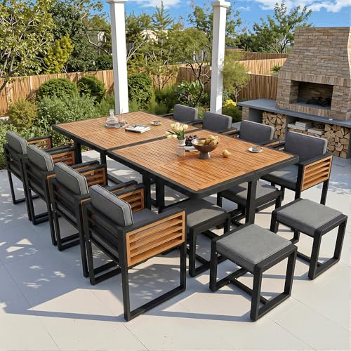 Merax Gartenmöbel Set 12 Personen, Outdoor Tisch- und Stühle-Set mit Massivholz Tischplatte, Terrassenmöbel Balkonmöbel, Gartengarnitur Essgruppe, Sitzgruppe Garten Lounge Wetterfest,Grau