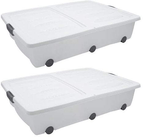 Spetebo XXL Unterbettkommode mit Klappverschluss 2er Set 60 Liter | Aufbewahrungs-Rollbox mit zweigeteiltem Deckel in weiß - Universal Aufbewahrungsbox Unterbett Box Spielzeugkiste mit Rollen