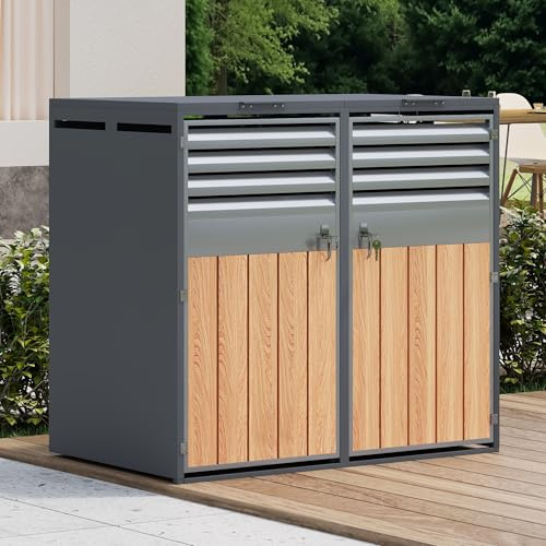 Merax Cache-poubelles 2 avec couvercle à charnière, armoire verrouillable en acier galvanisé, revêtement de poubelles avec ouverture d'aération et lamelles, deux portes