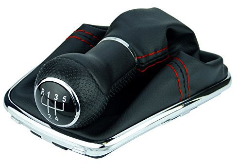 Schaltsack & Schaltknauf für VW Golf 4 IV & für Bora - 12mm - Bj. 1997 - 2006 - 5 Gang Knauf mit Rahmen - Schwarz Rot Chrom - Schaltmanschette Schalthebel Manschette Schaltgetriebe Schaltung A253-0