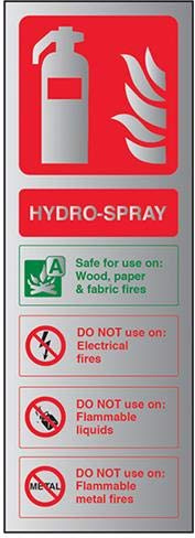 V Safety Fire Extinguisher-Hydro-Spray ID Sign - 75mm x 200mm - 1.6mm Alu Rigid Plastic
