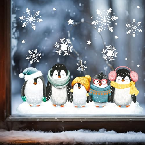Wandtattoo Loft Fensterbilder Weihnachten mit 5 Pinguine und Schneeflocken – Wiederverwendbar – A4 Bogen – Weihnachstdeko Fenster Kinderzimmer, Weihnachtsbilder Fenster, Fensterbild Winter