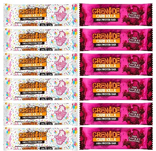 Grenade Carb Killa Bar 2 sabores pastel de cumpleaños + chocolate oscuro frambuesa (paquete de 12)
