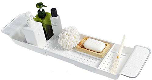 Monody Ablageschale für Badewanne, größenverstellbar, zum Abstellen und Ablegen von Gegenständen wie Weinglas, Bücher, Handtücher, Badeschwamm, Shampoo (weiß)
