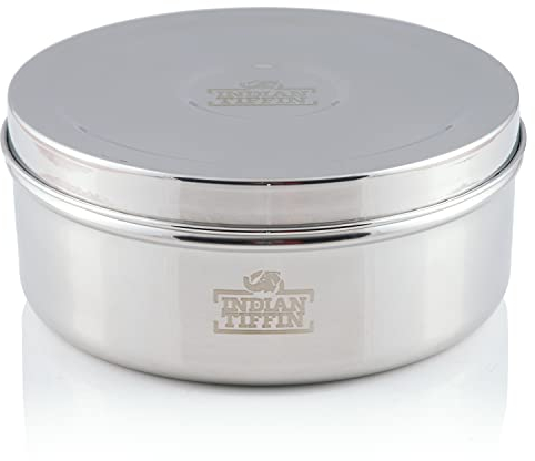 Indian-Tiffin Masala Dabba Récipient à épices hermétique - avec étiquettes et cuillère à épices (Moyen (18cm), Couvercle en acier, Couvercle intérieur, Pas de couvercle sur les pots intérieurs)
