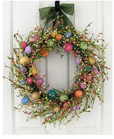 Osterkranz Farbige Ei und gemischte Zweige Frühling Kranz Osterkrone mit Blumen und Beeren Gruben Frühling Girlande Indoor Osterdekor Ostern Haustür Dekoration für Home Wall Hanging
