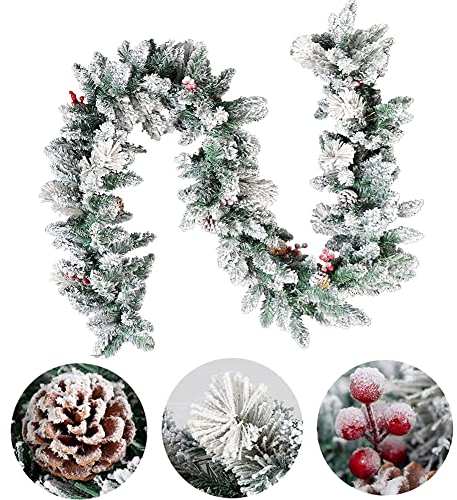 Guirnalda de Navidad, 1.8M Flocado Guirnalda de árbol de Navidad Artificial,Navideñas Coronas Navideñas con Bayas y Piñas de Pino,Decoracion de Navidad para Chimenea, Puerta, Escalera, Arbol de Navida