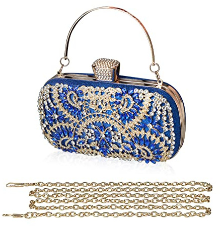CORIOS Pochette Femme Sac de Soirée Sac en Strass à la Main Luxe Diamond Embrayage Sacs Fourre-Tout Sacs à Main D'épaule de Mariée Portefeuille pour Ceremonie Mariage Fête Cocktail Bleu