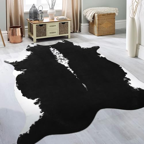 BENRON Premium Cowhide Rug Black, Faux Cow Hide Rugs for Living Room Bedroom Western Home Decor, Non Slip Cute Rug with Irregular Animal Skins and Hides, 5.2 x 6.2ft