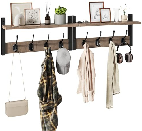 YMYNY Coat Rack Shelf Wall Mounted, Coat Hooks Set of 2, Entryway Coat Hanger with 8 Hooks, 31.5 Wall Floating Shelf with Hat Rack, for Kitchen, Bedroom, Bathroom, Silver Gray UHWS001Y-2
