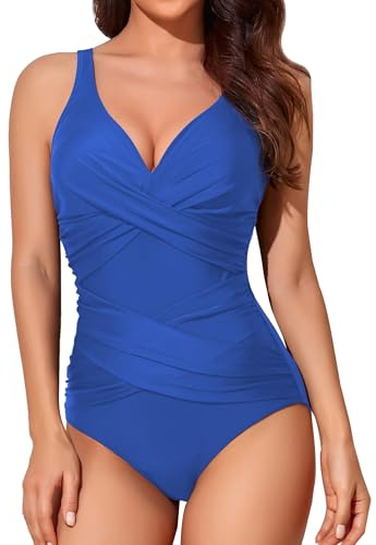 Smismivo Tummy Control Swimsuits for Women Slimming One Piece Bathing Suit Modest Padded Ruched Push Up Long Torso Curvy Cute Shapewear V Neck Criss Cross Swimming Full Coverage Swimwear (Blue)
