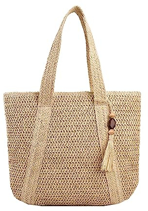 Baoblaze Strandtasche Damen Groß Stroh, Korbtasche Geflochten mit Reißverschluss, Sommer Gewebte Handtasche,Gewebte Umhängetaschen, Eimer Korbtasche für Outdoor Reise Arbeit Einkaufen Party, Beige