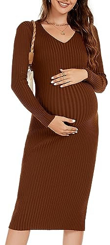 WANTROY Abito premaman a maniche lunghe con scollo a V in maglia elasticizzata abiti maglione vestiti per gravidanza per servizio fotografico baby shower, Caramello, M
