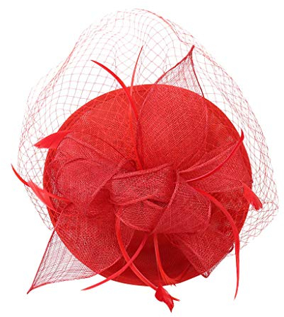 Fascinator Hut Damen Hochzeit Kopfschmuck Hüte Hat Clips Schleier Stirnband Mesh Tea Party Kopfbedeckung Frauen Pillbox Hut Haarschmuck für Cocktail Halloween Oktoberfest Gothic Rot