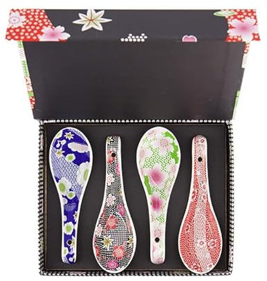TOKYO design studio Kawaii Flower, 4-er Suppenlöffel-Set bunt, 14 x 4.4 x 2 cm, asiatisches Porzellan, Japanisches Design, inkl. Geschenk-Verpackung