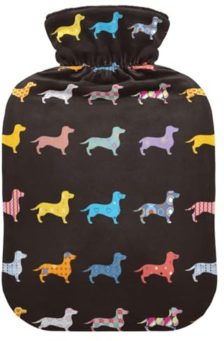 Wärmflasche mit buntem Cartoon-Dackel-Motiv, weich, warm, für Winter, Bett, Hand, Hals und Schultern, 2 l