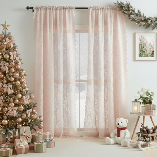 Bujasso Pink Lace Window Curtains Vintage Floral Sheer Curtain Panels 90 inch for Living Room Grils Bedroom Elegant Scalloped Light Filtering Pink Drapes Window Treatment Sets Rod Pocket 54 Wx90 Lx2