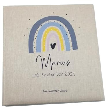 Tenii® Fotoalbum personalisiert Baby, Kind Regenbogen blau/grau Leinen, Erinnerungsalbum (25x25cm - 60 Seiten)