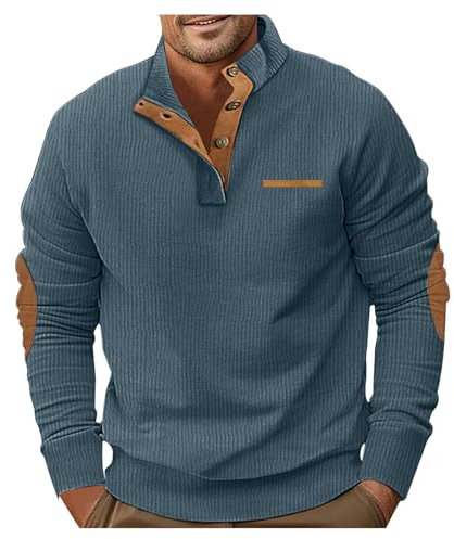 Pullover Herren Cord Sweatshirt Waffel Herbst Winter Men's Sweatshirt Ohne Kapuze Langärmeliges Mit 1/4 Knopf Kragen Ellenbogen Patches Arbeitspullover Lässiger Pulli Streetwear Für Männer Stehkragen