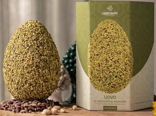 Uovo di Pasqua ARTIGIANALE (450 GR) di CIOCCOLATO AL PISTACCHIO e GRANELLA di PISTACCHIO. Con SORPRESA made in Sicily all'interno dell' elegante scatola.