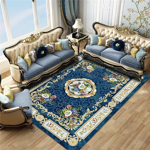 Kunsen bettvorleger Schlafzimmer rutschfest flokati Teppich waschbar pflegeleicht Wohnzimmerteppich blau klassischer Stil Blumendekoration kann angepasst Werden Teppich Dekoration Wohnzimmer 80X120CM