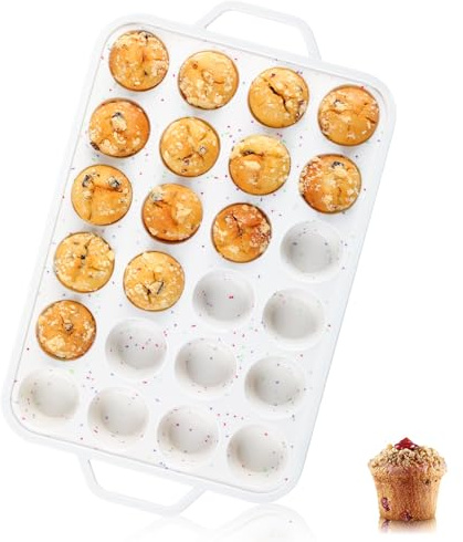 Vinino Mini Muffin Pan with Metal Reinforced Frame-1Pack, Silicone Cupcake Pan for Baking 24 Cup Mini Size, BPA Free Silicone Muffin Tray, Cupcake Baking Pan Molds for Oven Dishwasher Safe-Cream