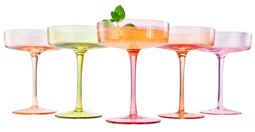 Khen Pastels Colored Vintage Art Deco Coupe Glasses - Martini, Cocktail & Champagne Ribbed Glasses 7oz | Set of 5 | Bright Pastel Crystal Glassware, Goblet Cocktails, Stemmed Ripple Glassware Gifts