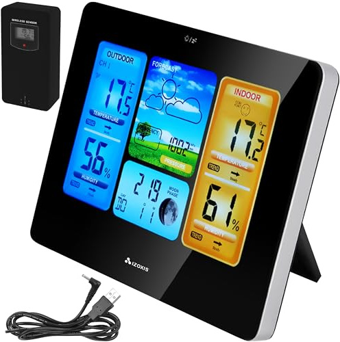 Stazione meteorologica multifunzione, sensore esterno, termometro, igrometro, barometro, previsioni meteo, display LCD, indicatore di data, funzionamento a batteria/cavo di alimentazione