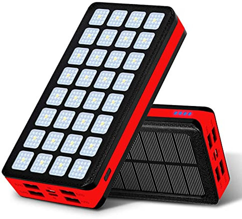 Power Bank 30000Mah El Cargador portátil Solar más Nuevo, Paquete de baterías externas con 5 Salidas (4 USB y Tipo C) y 32 Luces LED para Acampar Carga rápida para teléfono Tableta, Rojo