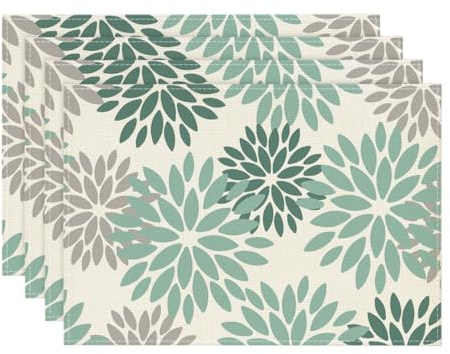 Artoid Mode Blumen Wasser Grün Dahlien Frühling Platzsets 4er Set, Sommer 30x45cm Urlaub Tischsets Waschbar Platzdeckchen Küche Party Deko