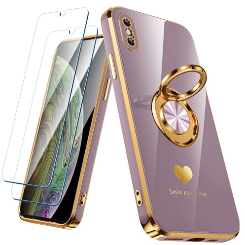 Nonional Compatible for iPhone X/XS Case with 2 Pack Screen Protector, 360° Rotatable Ring Holder [Luxury Hearts Pattern] Plating Gold Edge Slim Soft Phone Case for iPhone X/XS - Light Purple