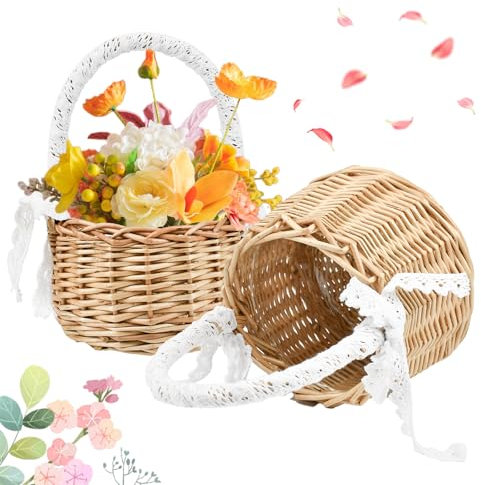 HEKOBAG 2 Pièces Panier en Osier avec Anse 20 * 11cm - Corbeille en Rotin pour Fleurs, Demoiselle d'Honneur, Mariage, Fête et Jardin