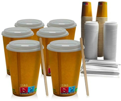 Terryshop74 kit 300 pezzi ASPORTO 100 bicchieri XXL 250 Ml con 100 coperchi e 100 palette, per bevande calde e freddo, per trasporto esterno