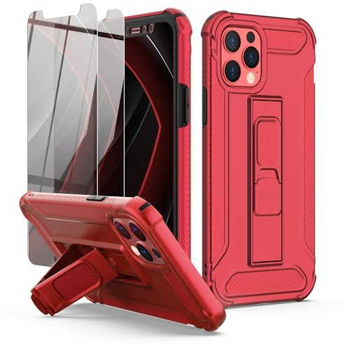 ORETECH for iPhone 12 Case, Built-in Kickstand Phone Holder - Pink | 2 x Tempered Glass Screen Protectors, Heavy Duty Military Grade Drop Shockproof Protection