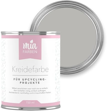 miafarben Kreidefarbe für Möbel ohne Schleifen 750 ml (Sanftes Wolkengrau) | Hochdeckende, matte Möbelfarbe auf Holz, Metall und Kunststoff, wasserbasierter Möbellack für Vintage und Shabby Chic Look