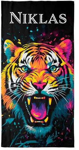 Handtuch mit Namen Pop-Art-Tiere – Ein einzigartiges, bedrucktes Handtuch als persönliches Geschenk. Pop-Art-Animals, Geschenke für Freundinnen, Freunde und Partner! (Tiger, 50 x 100 cm)