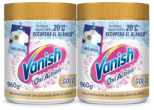Vanish Oxi Action Gold - Quitamanchas multibeneficio, blanqueador y potenciador del lavado, para ropa blanca, En Polvo, Sin Lejía 1,9kg (2x 960g)
