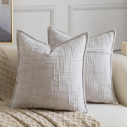 Madizz 2er Set Chenille Dekorativ Kissenbezüge Weiche neutrale Wurfkissen für Sofa Boho Akzent Zierkissenbezüge für Schlafzimmer Wohnzimmer Modernes Zuhause Dekor Hellgrau 50x50 cm